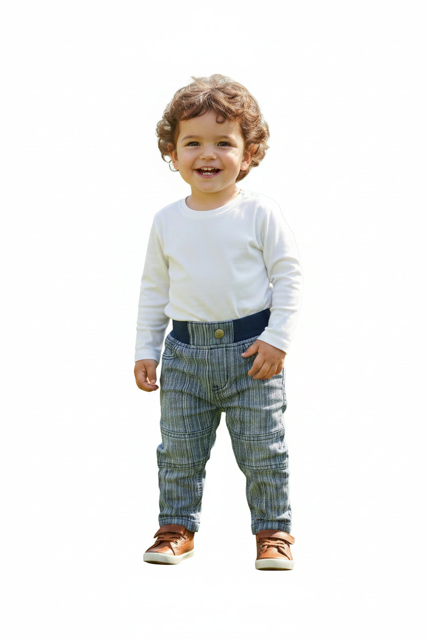 Jeans Rayé bleu et gris a taille élastique