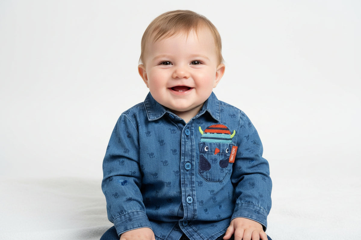 Chemise jeans bleu petit pingouin