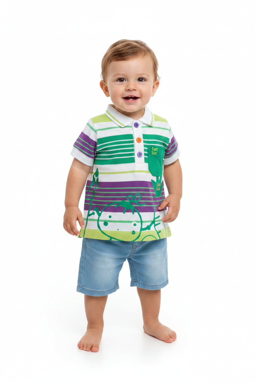 Polo rayé Vert et Mauve