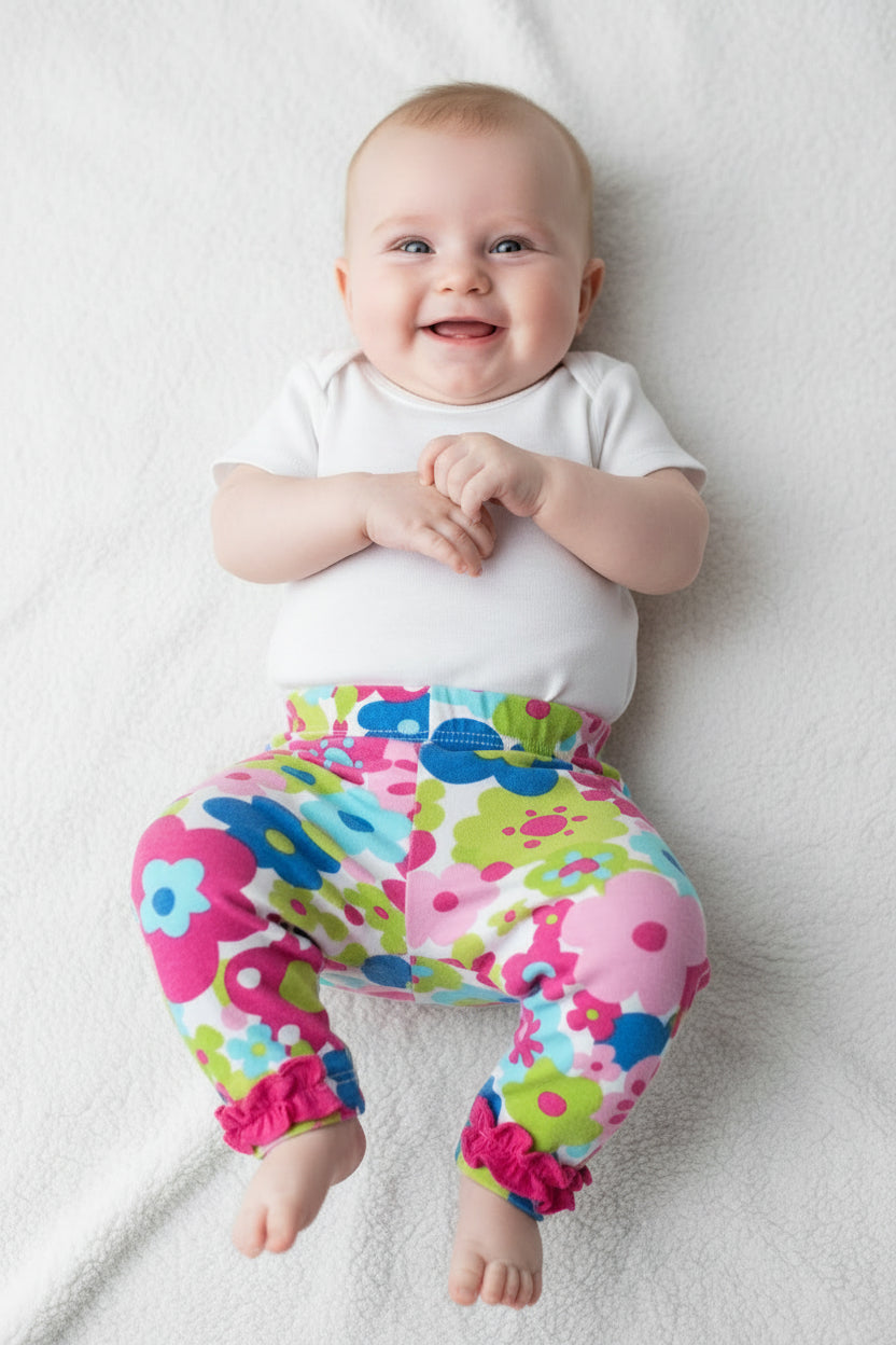 Legging fleurie avec volant rose foncé