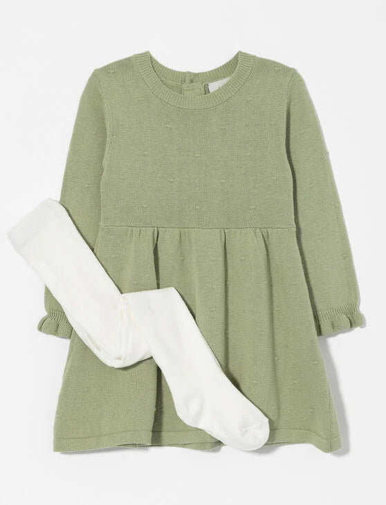 Robe tricot verte avec paire de collant blanc