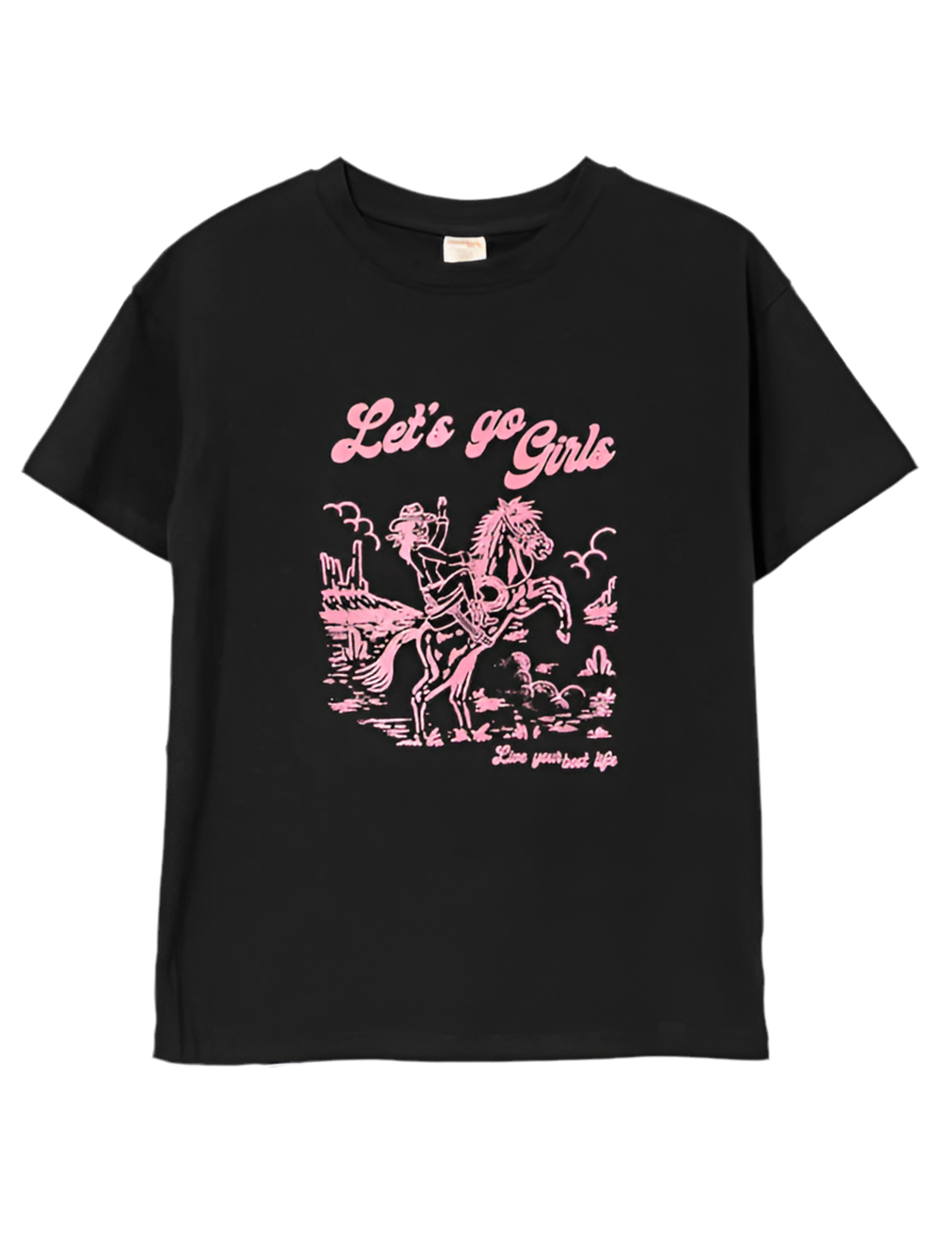 T-shirt noir à imprimé western rose