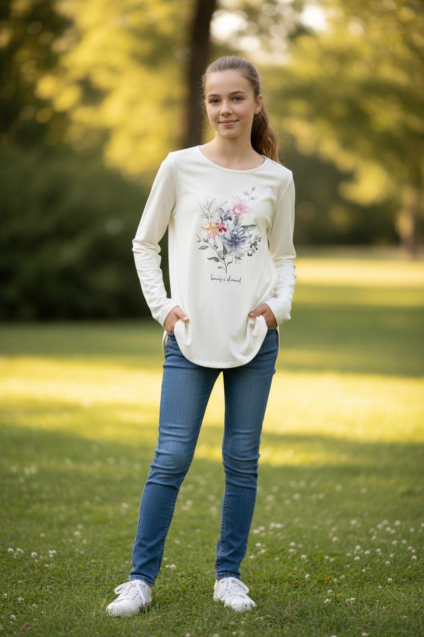 Chandail manche longue blanc bouquet de fleur