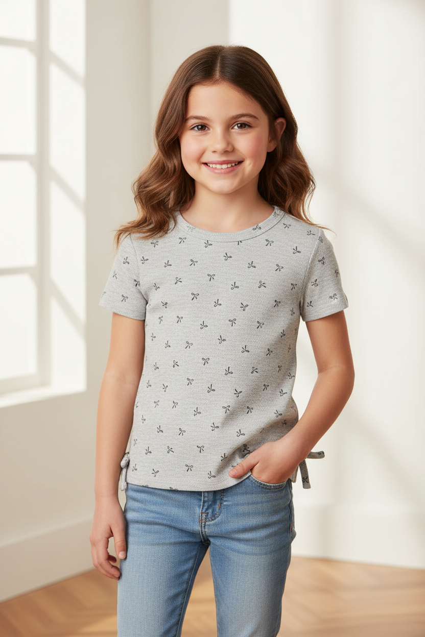 T-shirt gris imprimé de boucles noires avec duo de boucles sur les côtés