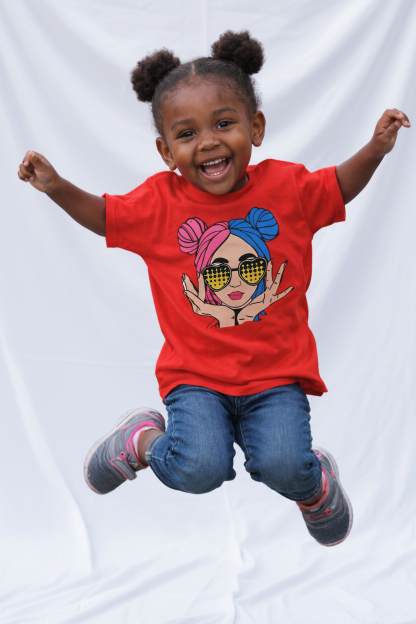 T-Shrit Stylé Fille cheveux 2 couleurs et lunette en coeurs - Rouge