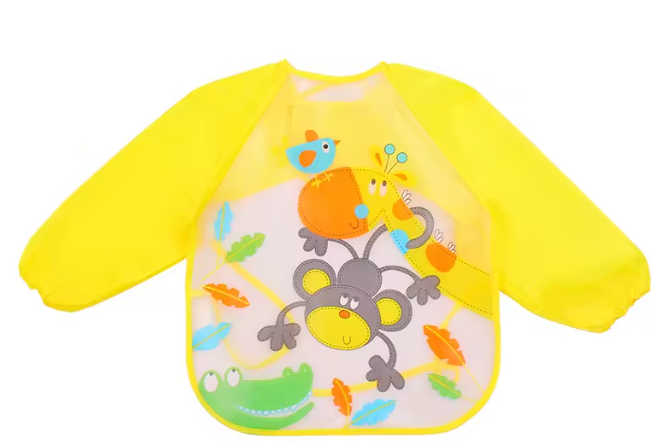 Bavoirs imperméables à manches longues pour tout-petits -Singe coquin - Jaune