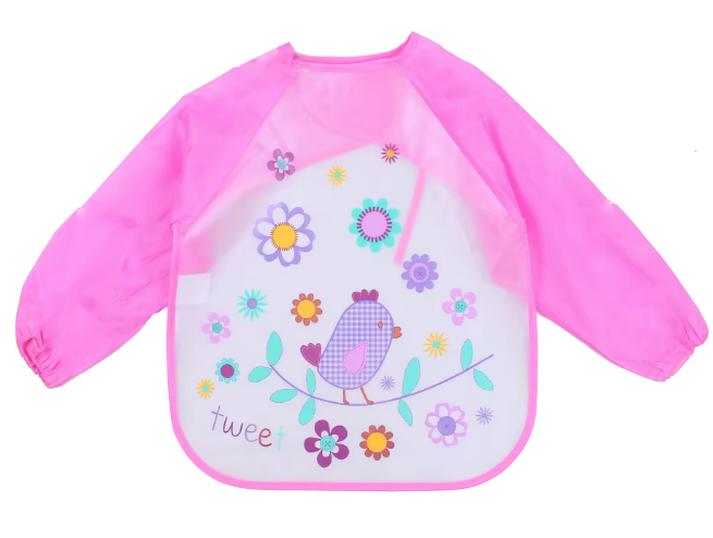Bavoirs imperméables à manches longues pour tout-petits- l'oiseau heureux- Rose