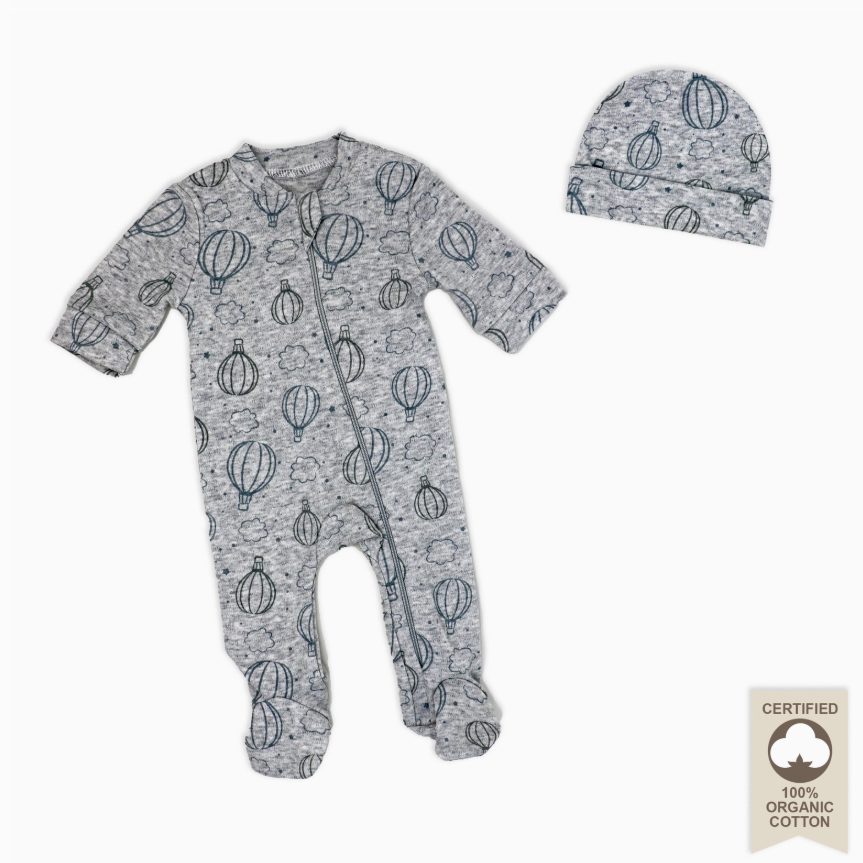 Pyjama/Grenouillère en coton biologique pour prématuré avec bonnet