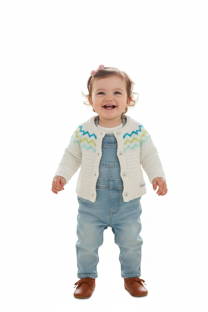 Cardigan blanc, ligne vaguer bleu et vert