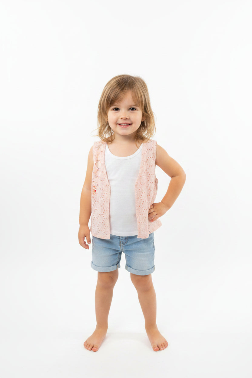 Gilet rose sans manche avec fleurs brodé
