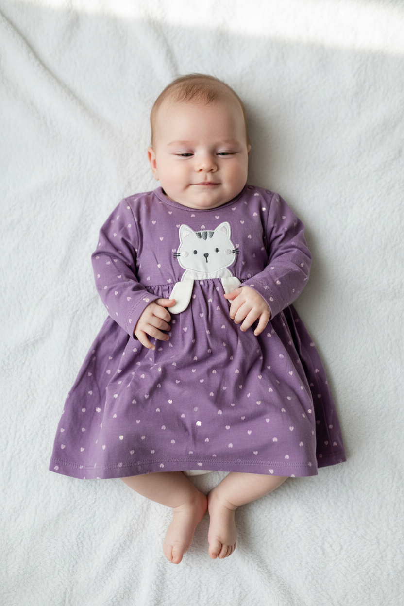 Robe mauve petits coeurs rose avec Chaton 3D
