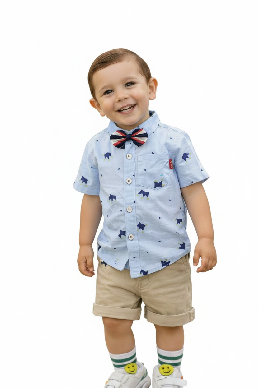 Chemise Gentleman Petites Couronnes avec Noeuf Papillon - Bleu