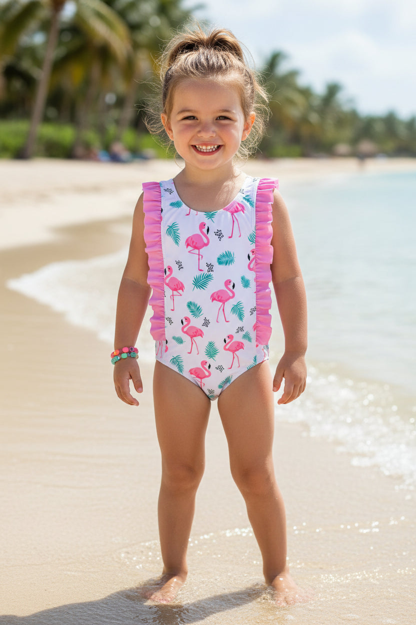 Maillot une‑pièce Volant, Flamants & Tropiques
