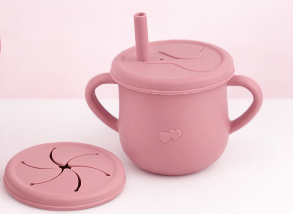 Gobelet / Bol a collation + Couvert avec paille + Couvert à pétales, Anti-Dégat,( 3 en 1) en Silicone / Boutique Frimousse