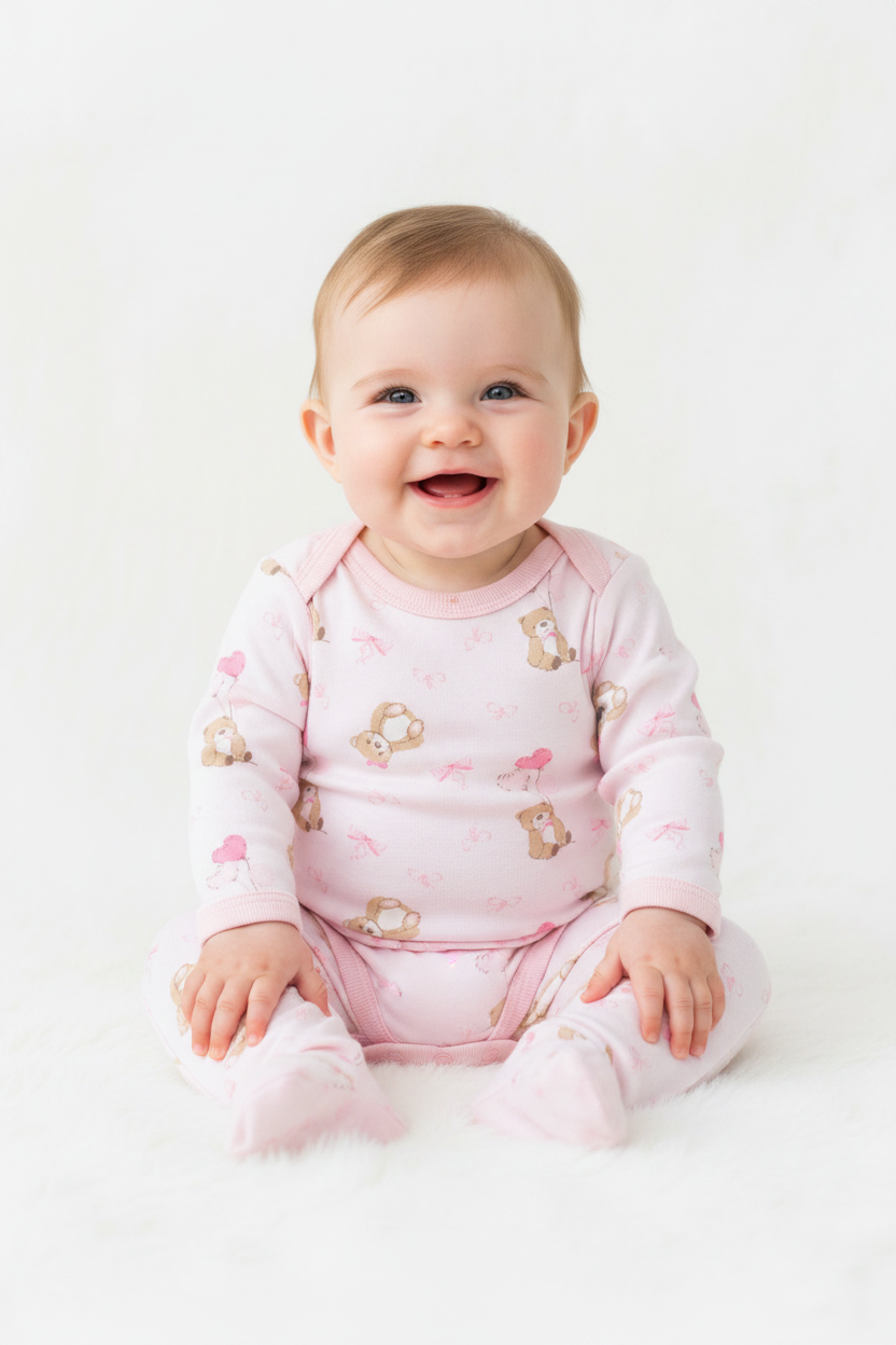Ensemble pyjamas bébé – rose- Petits oursons & Ballons cœurs