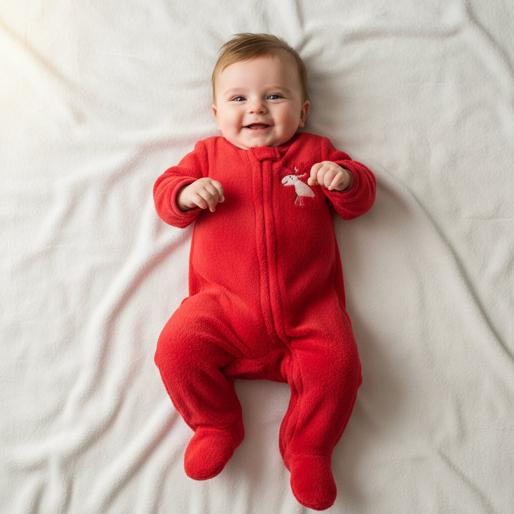Pyjama bébé en polar rouge- motif petit renne de Noël