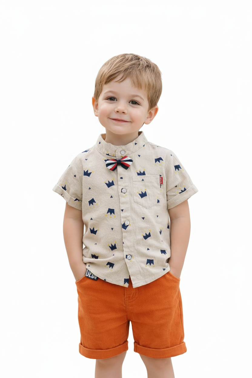 Chemise Gentleman Petites Couronnes avec Noeud Papillon -Crème