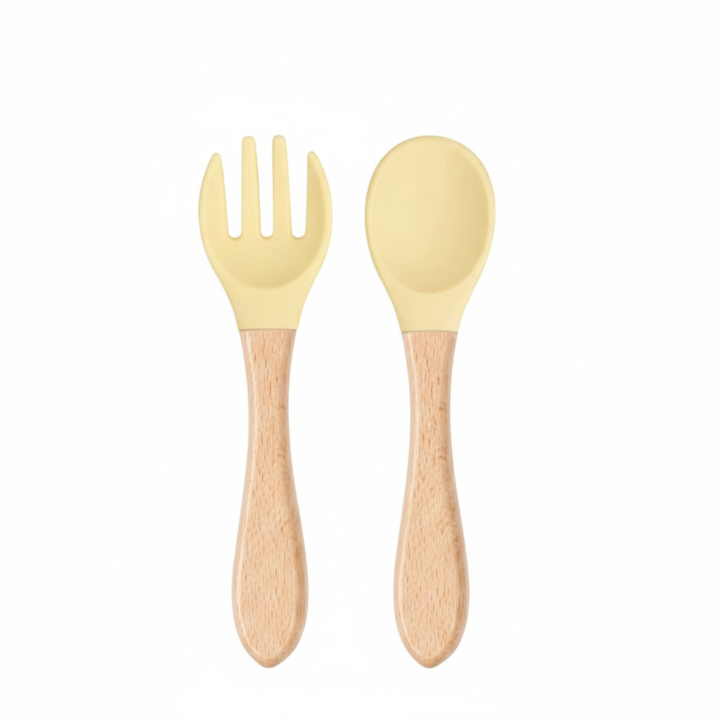 Duo Cuillère & fourchette, Silicone et manche en Bambou