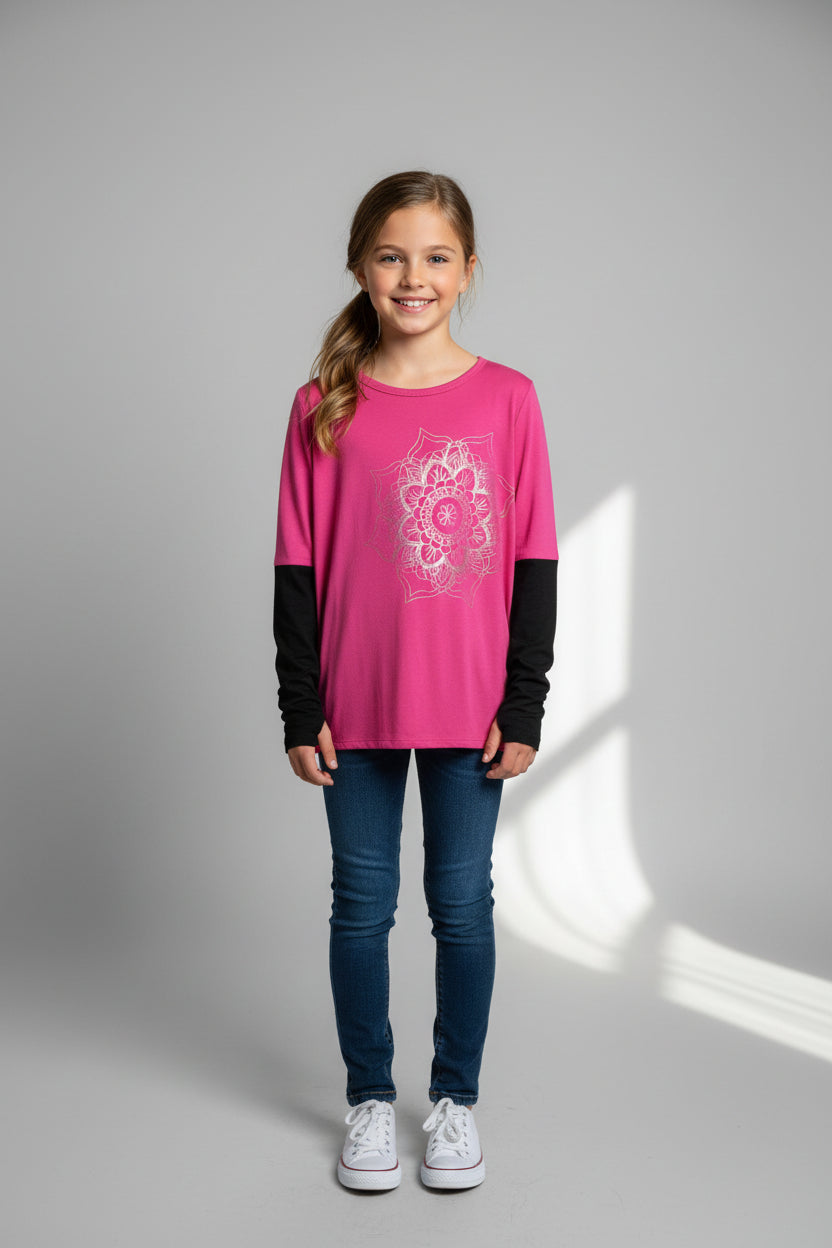 Chandail Rose manche Noir avec fleur Mandalas