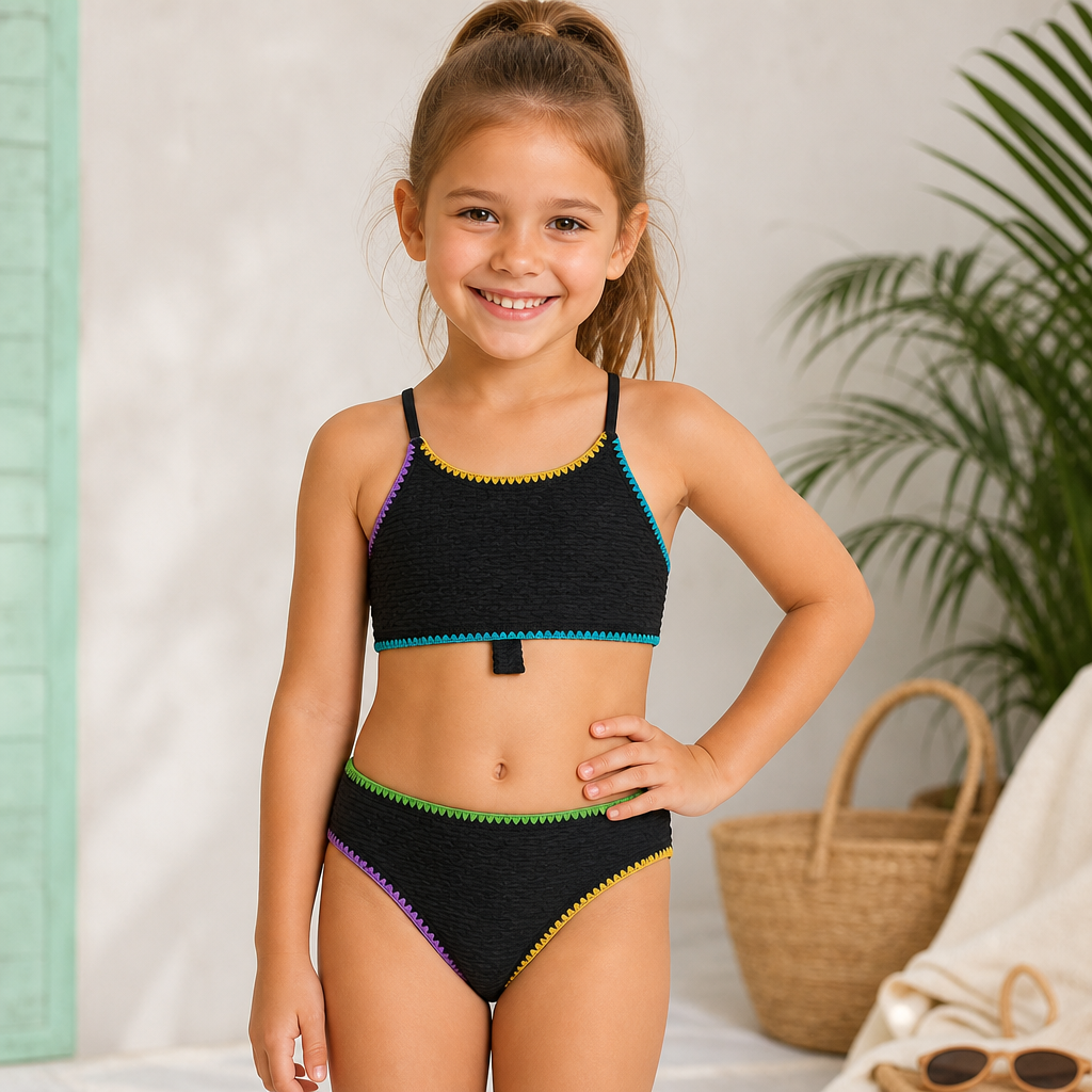 Maillot 2 pièces Noir avec Bande de Couleurs
