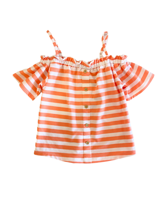 Chandail bretelle manche tombante rayée orange et blanche