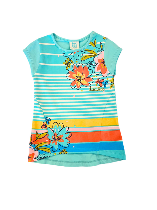 T-shirt turquoise fleuri orange