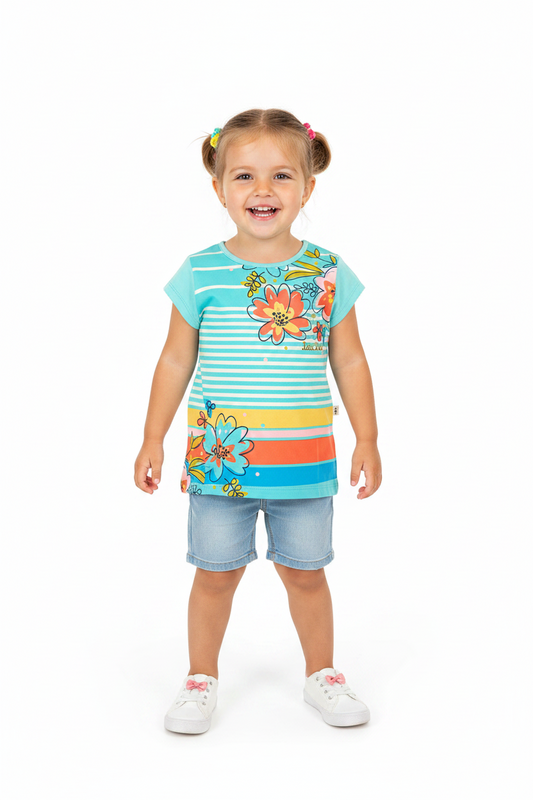 T-shirt turquoise fleuri orange