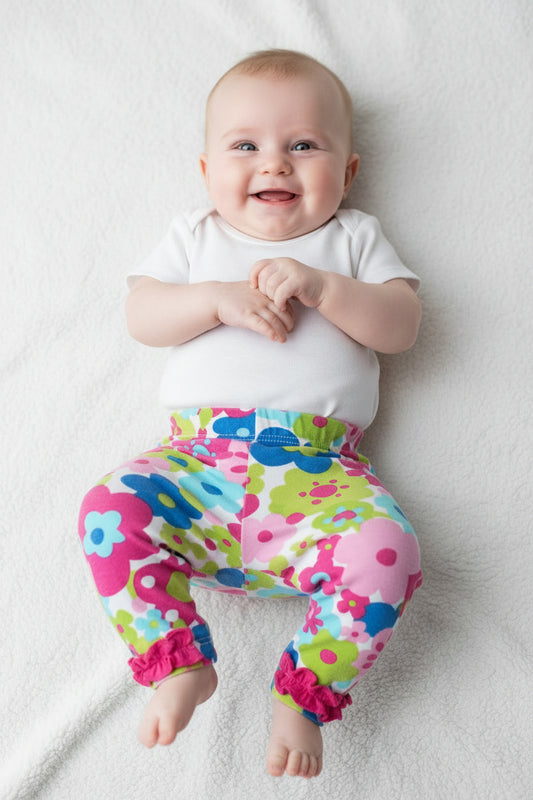 Legging fleurie avec volant rose foncé