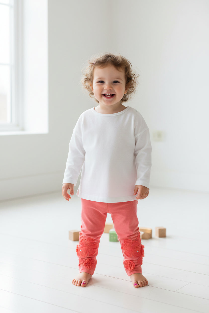 Legging orangé fleurs volantes avec petit faux diamant