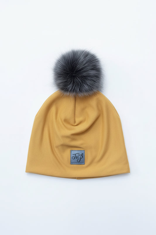 Tuque Jaune Moutarde a Pompon Noir