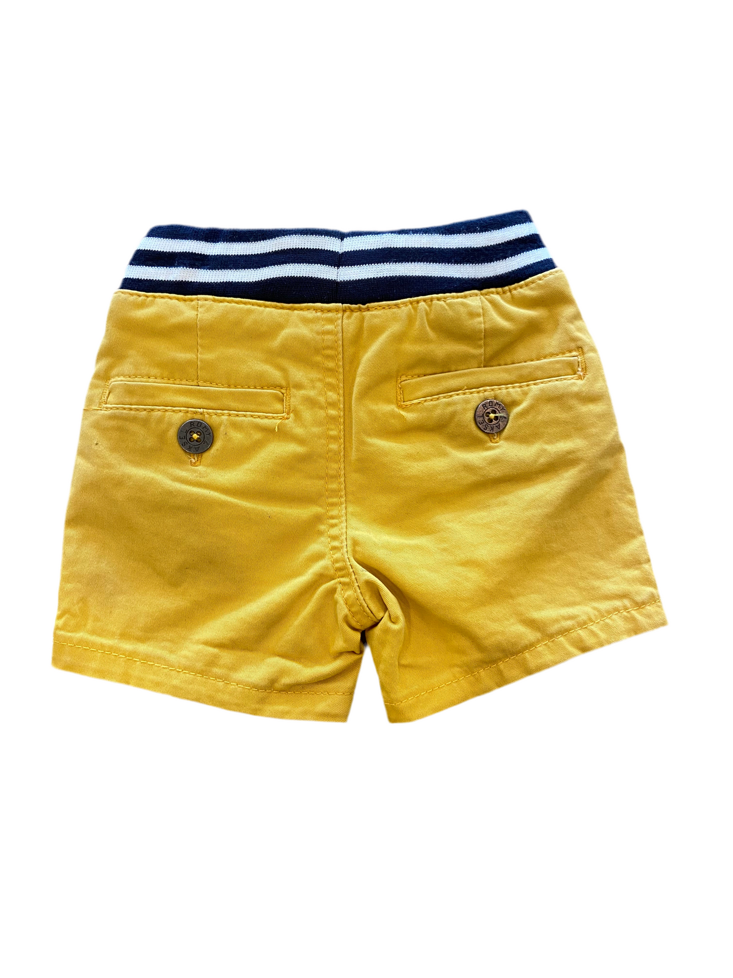 Short jaune taille à rayure bleu marin et blanche