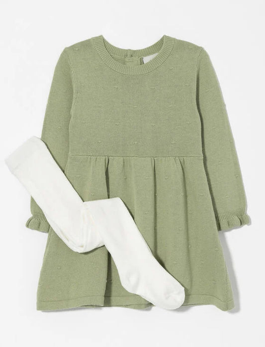 Robe tricot verte avec paire de collant blanc
