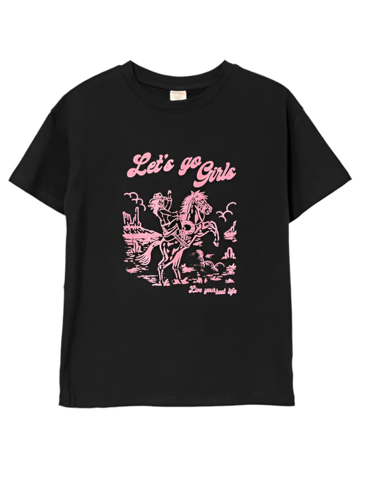 T-shirt noir à imprimé western rose