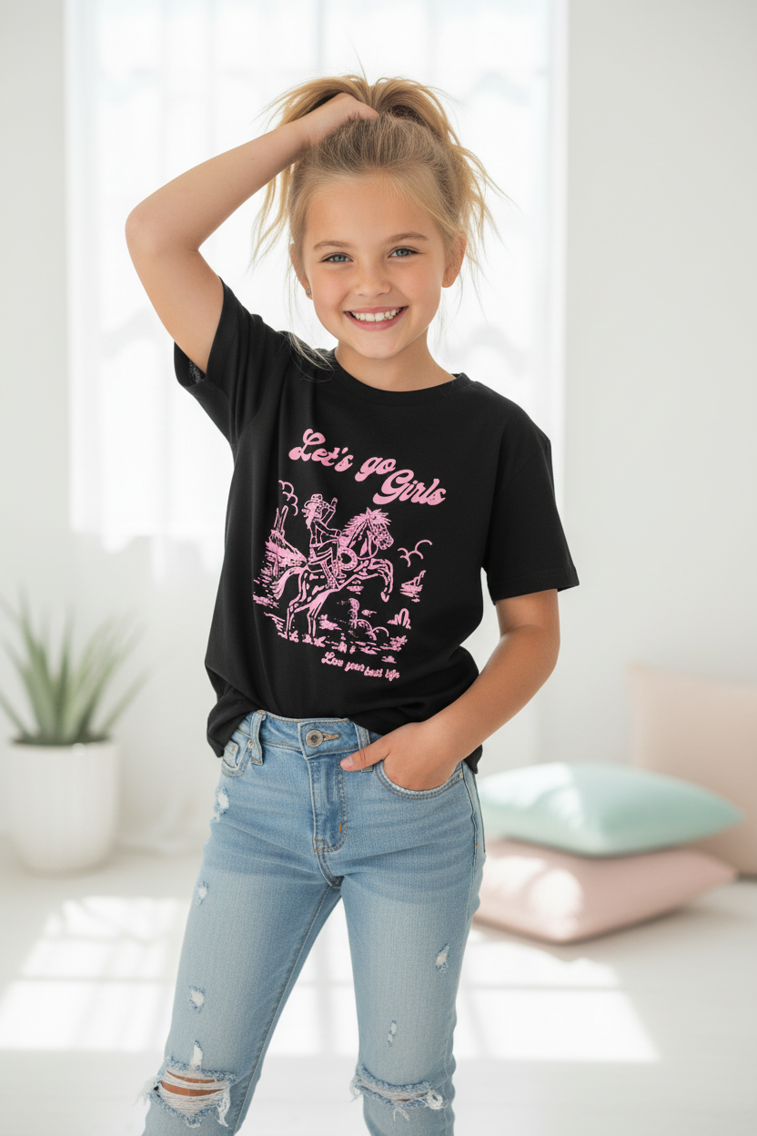 T-shirt noir à imprimé western rose