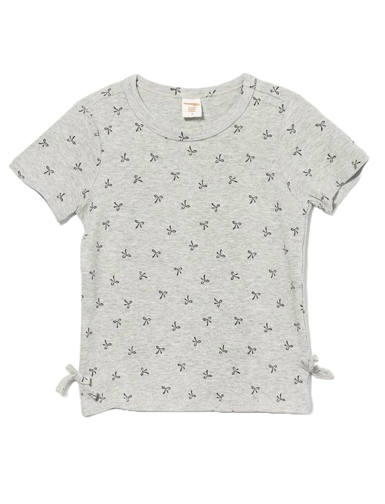 T-shirt gris imprimé de boucles noires avec duo de boucles sur les côtés