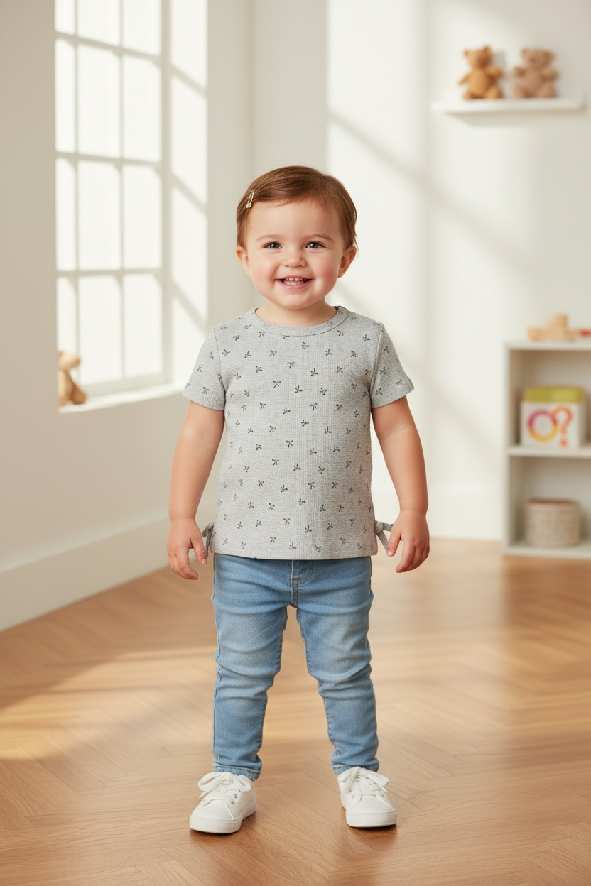 T-shirt gris imprimé de boucles noires avec duo de boucles sur les côtés