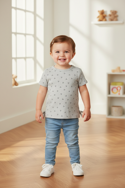 T-shirt gris imprimé de boucles noires avec duo de boucles sur les côtés