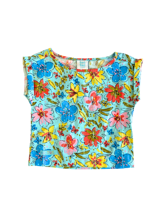 T-shirt turquoise fleuri manche roulé