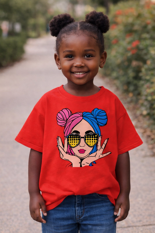 T-Shrit Stylé Fille cheveux 2 couleurs et lunette en coeurs  - Rouge