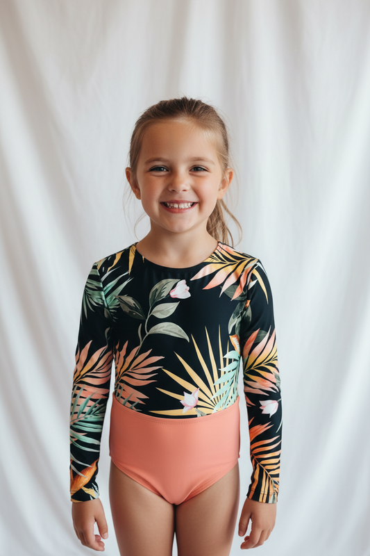 Maillot Corail/Noir une pièce manches longues