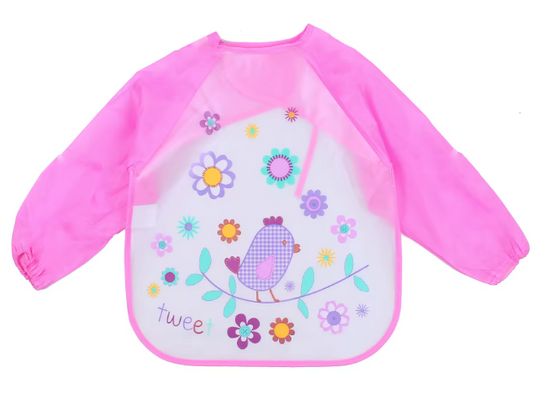 Bavoirs imperméables à manches longues pour tout-petits- l'oiseau heureux- Rose