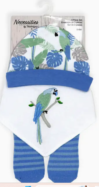Ensemble Bonnet, Bavoir et Chaussettes - Modèle Perroquet