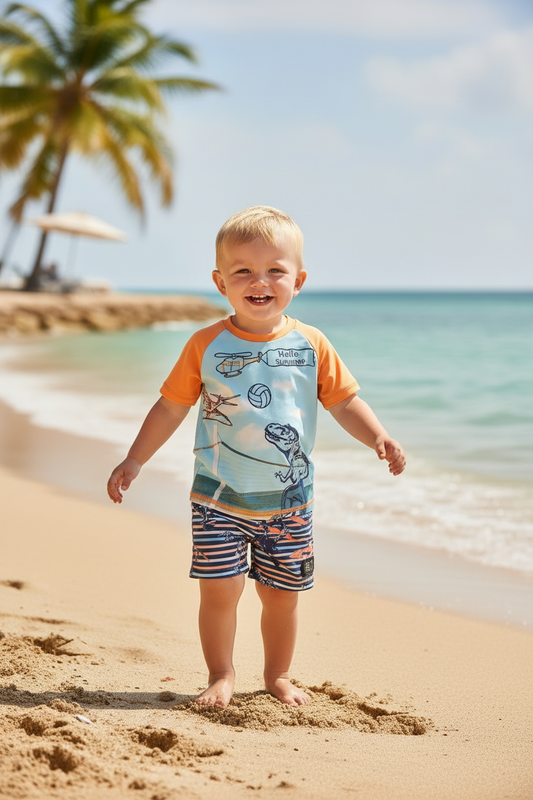 Maillot deux pièces t-shirt et short dinosaures hello Summer