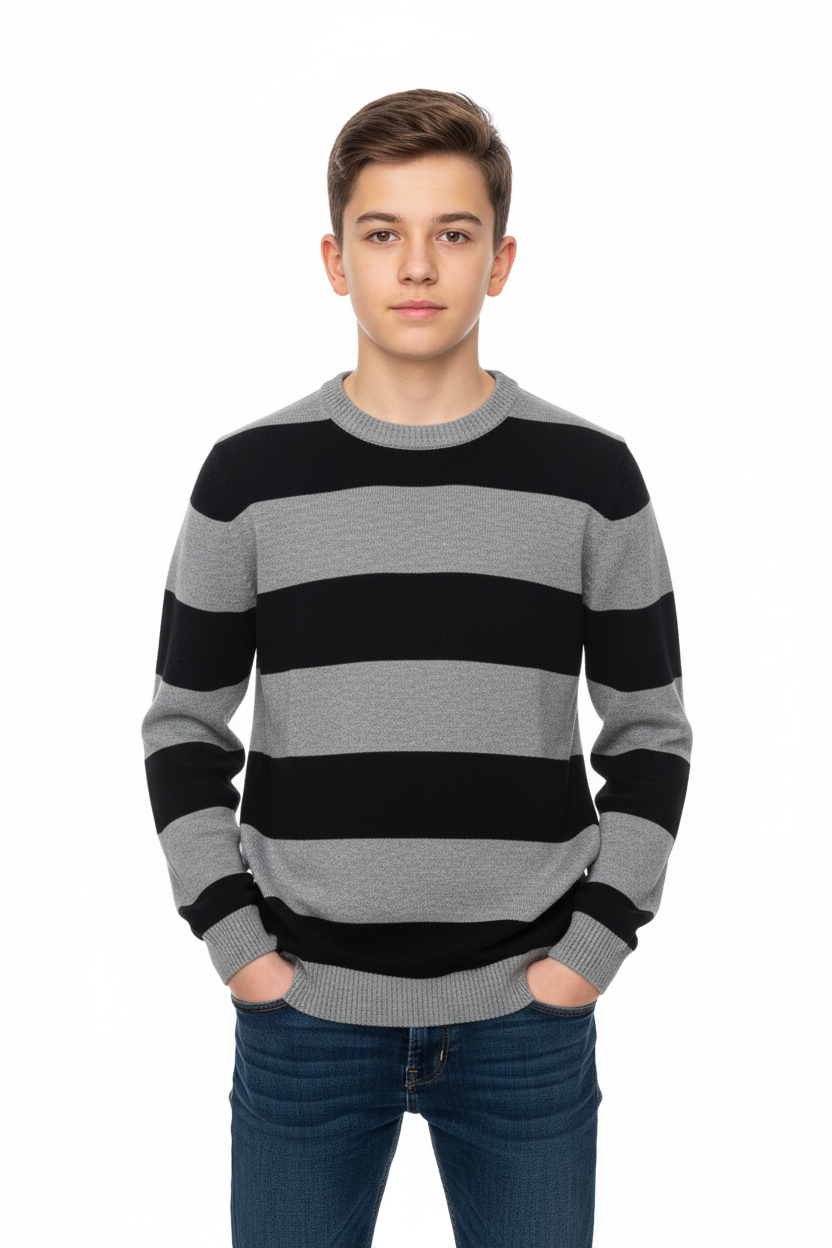 Tricot Crew Neck à rayures Noir & gris