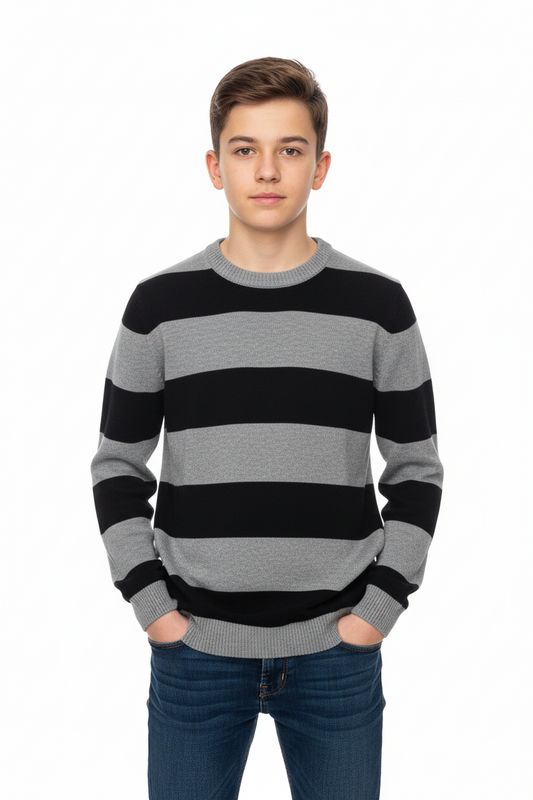 Tricot Crew Neck à rayures Noir & gris