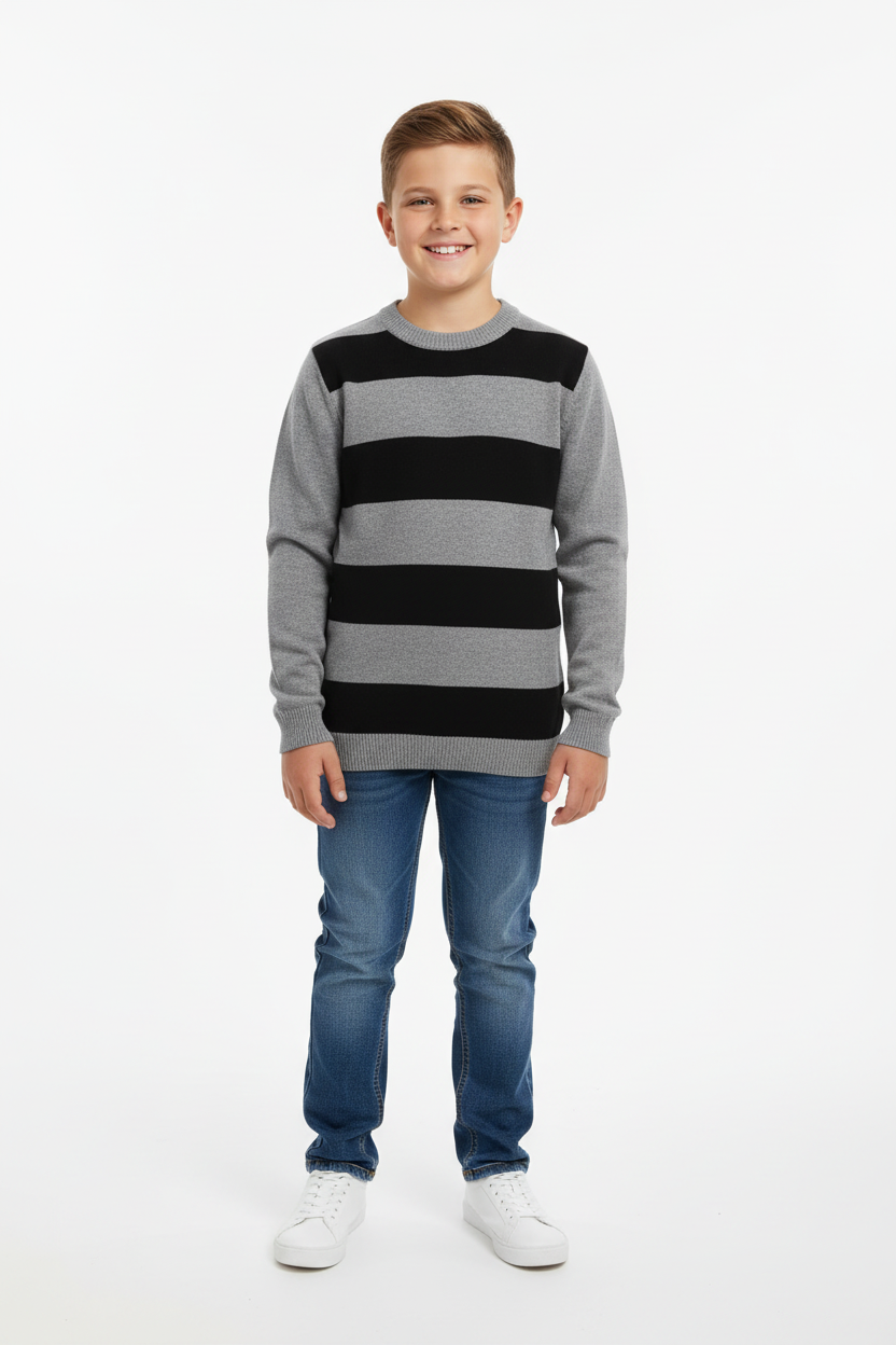 Tricot Crew Neck à rayures Noir & gris