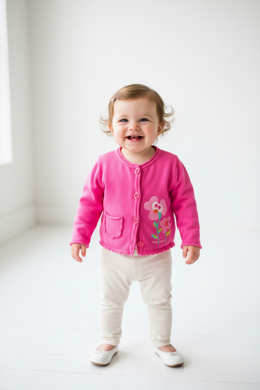 Cardigan rose tendre – Boutons fleurs & broderies délicates