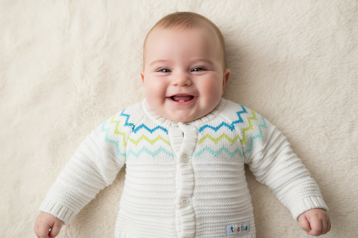 Cardigan blanc, ligne vaguer bleu et vert