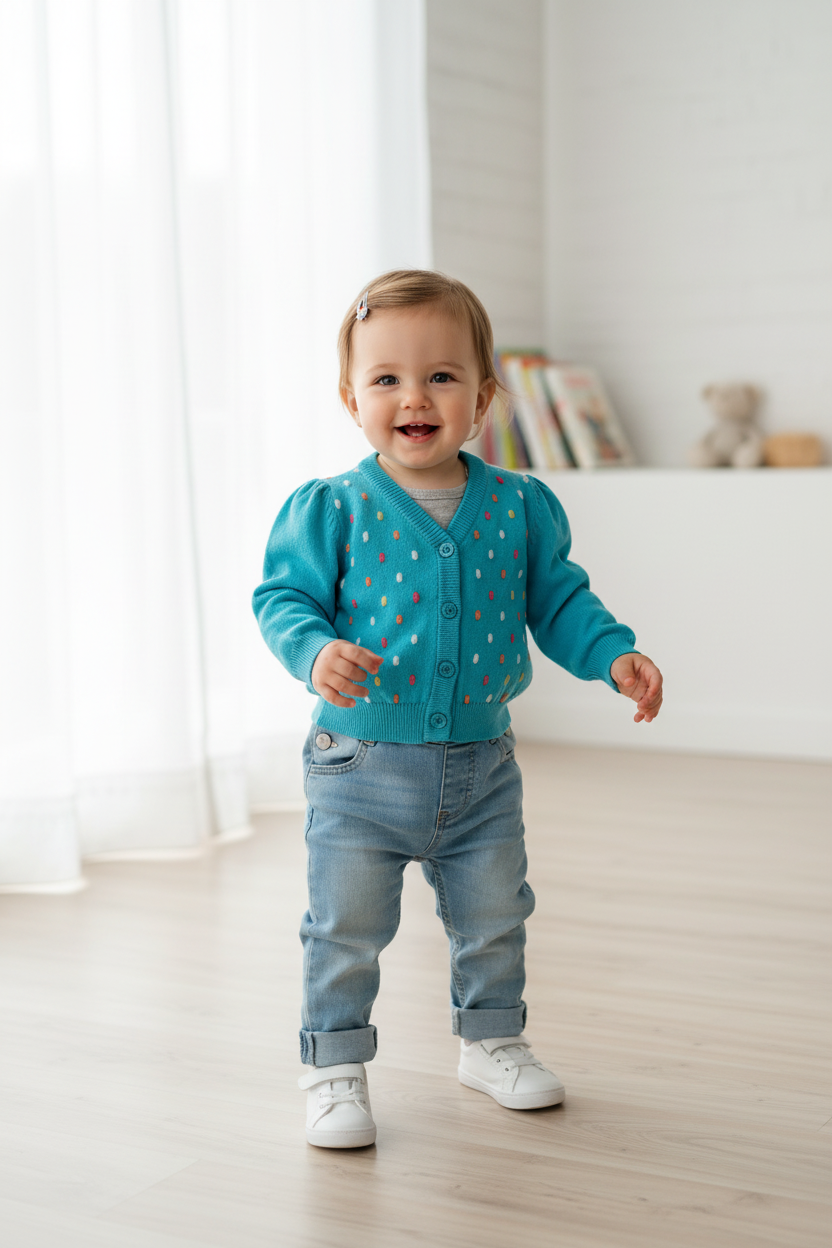 Cardigan bleu doux a pois
