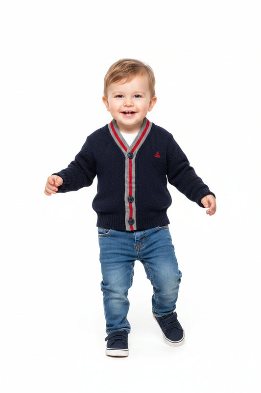 Cardigan garçon – Bleu marine & détails contrastés